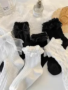 6 Pairs of Cute and Simple Women's Lolita Lace Bow Mid-Calf Socks, Comfortable Breathable Design for Everyday Wear, Lace Crew Socks, Floral Lace Socks