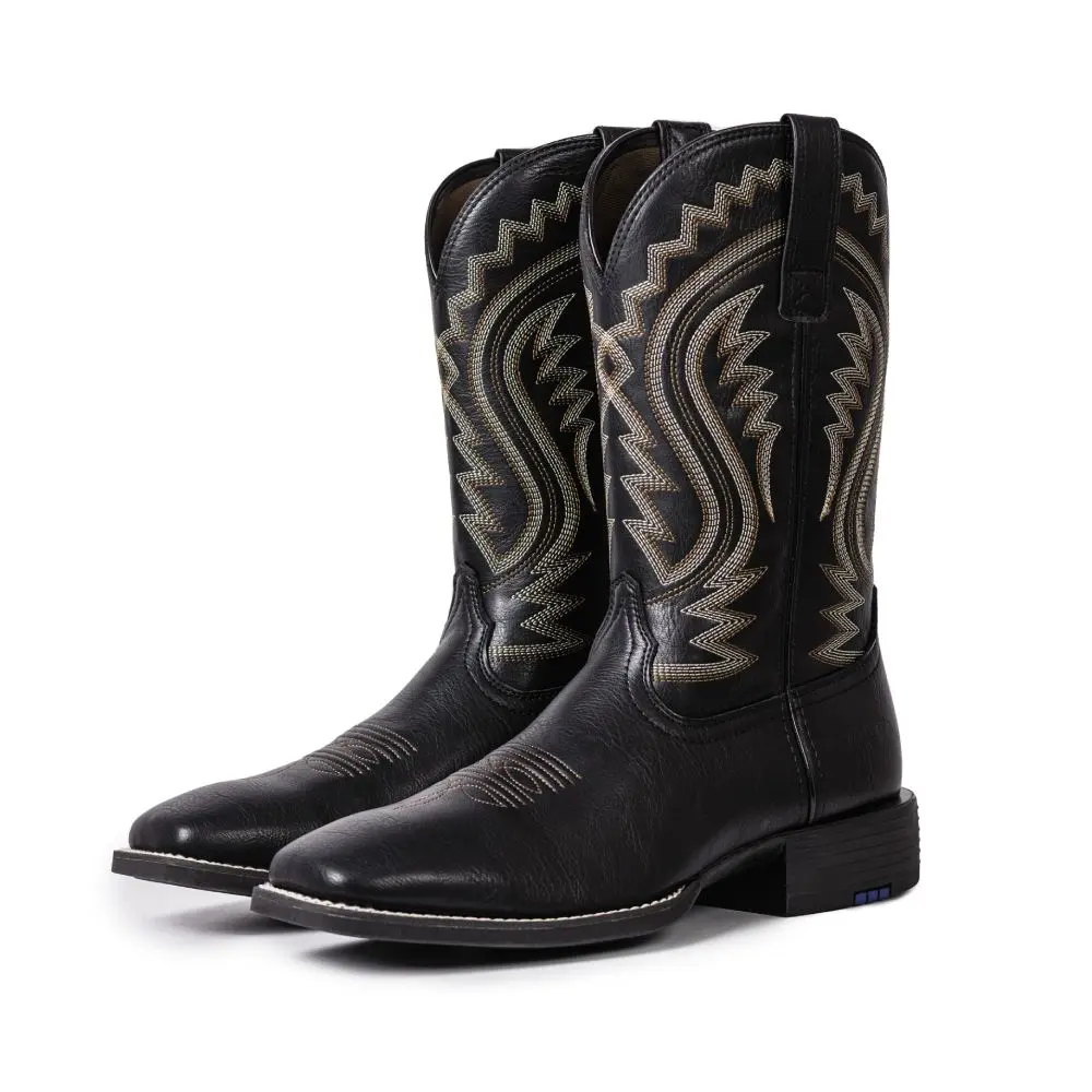 Palitutu Black Square-Toe Western Cowboy Boots—mid-calf boots featuring vintage-style stitched embroidery and a durable, non-slip rubber sole; versatile, easy to wear, and stylish. #CowboyBoots #WesternStyle #WomensBoots #Footwear