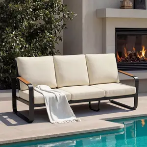 Outdoor 3-Seater Sofa withTall Back & 62cm Oversized Seat, Black Metal Frame with Wood Armrests, PET Fabric Cushions, 330 LBS Per Seat Capacity Modern Patio Furniture for Porch, Deck, Backyard, Beige