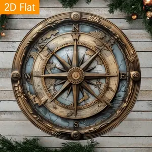 1pc Vintage Nautical Compass Theme Metal Wall Decor Sign, 8 Inch Universal Hanging Home Decoration, Suitable For Front Door, Room And Wall - High Definition 2D Flat Printing, Random Hole Position