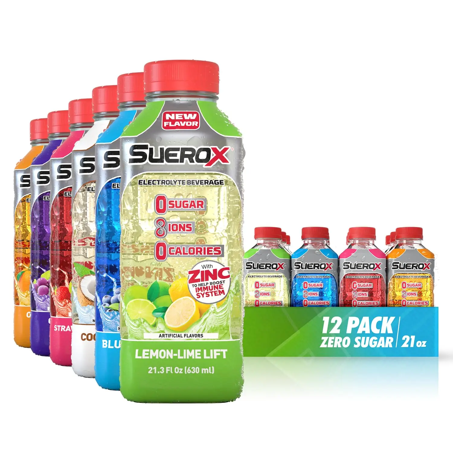 SueroX Zero Sugar Electrolyte Drink Party Pack: Orange, Grape, Strawberry, Coconut, Lemon. 12 Pack.  Sugar-Free Hydration & Recovery with 8 Ions & Electrolytes. Zero Calorie Sports Drink,  21.3 Fl Oz, 12 Count. 12-pack