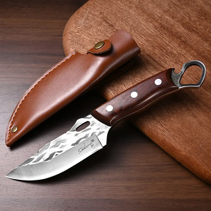 Vintage Hand Forged Utility Knife Integrated Bottle Opener Wood Handle Cowhide Sheath for Outdoor Survival & Household Cooking