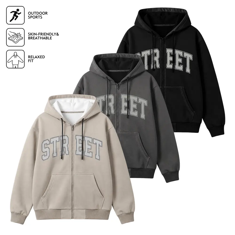 Men Zip Up Hood Outer Jacket, Lightweight Breathable Fabric, Relaxed Fit, Vintage Arch Text Graphic, Drawstring Hood, Convenient Kangaroo Pocket, Ribbed Cuffs & Hem, Perfect for Layering, Jogging and Outdoor Sports