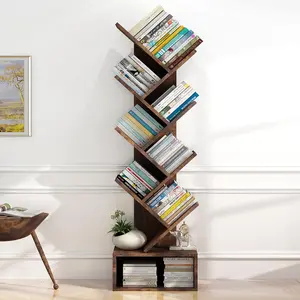 Tree Bookshelf, 8-Tier Tall Wooden Bookcase with Drawer, Floor Standing Space-Saving Organizer Shelf