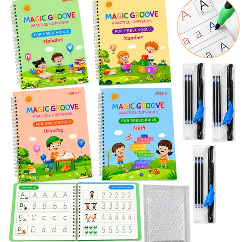 Magic Grooved Writing Practice Books for Kids Ages 3-8 | 4-Book Reusable Handwriting Workbooks Set – Alphabet, Numbers, Math & Drawing Tracing Books with Disappearing Ink Pens | Preschool Learning Gift