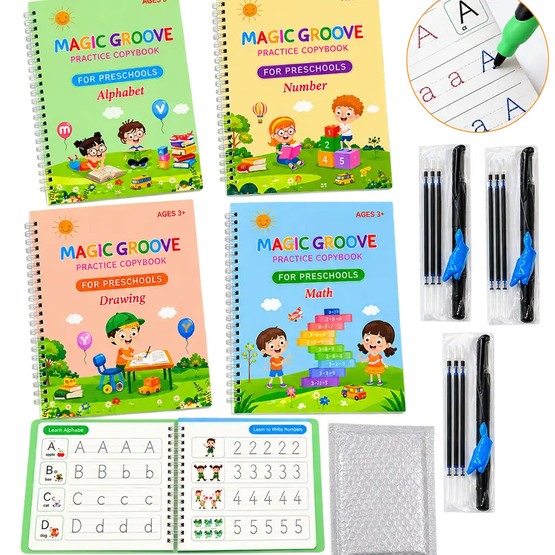Magic Grooved Writing Practice Books for Kids Ages 3-8 | 4-Book Reusable Handwriting Workbooks Set – Alphabet, Numbers, Math & Drawing Tracing Books with Disappearing Ink Pens | Preschool Learning Gift