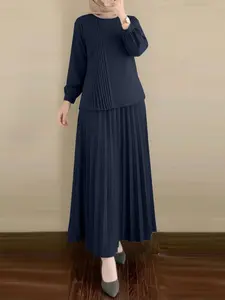 Women's Casual Set, Round Neck Long Sleeve Striped Hoodie with Back Button + Pleated Skirt Design, Perfect for Daily, Two Piece Set Women Outfits Matching Set Outfit Sets Women