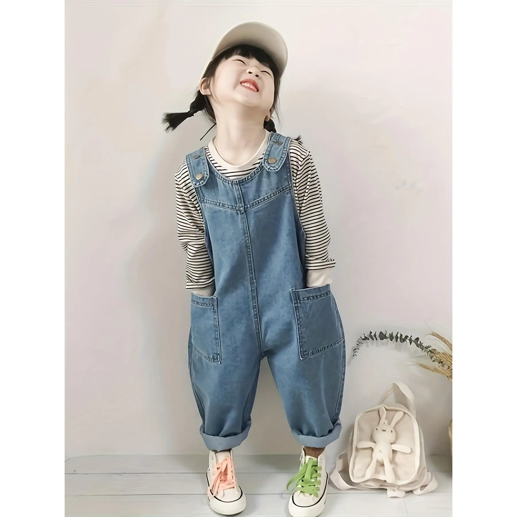 Unisex Kids' Casual Plain Woven Retro Round-Pocket Denim Overalls, Spring-Autumn Jumpsuit for Boys' Daily Wear, Sizes 3-4Y, 4-5Y, 5-6Y, 7-8Y