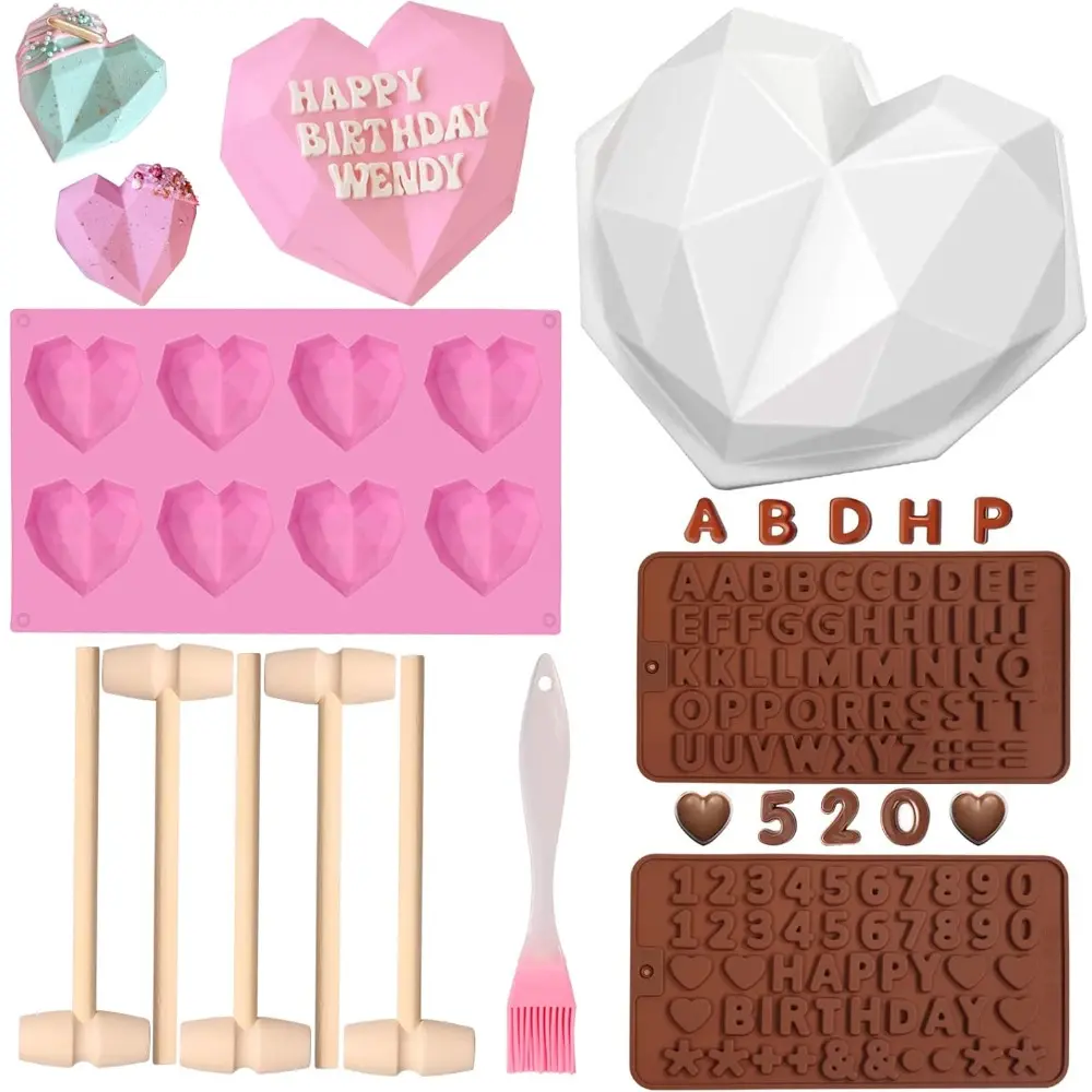 8-Cavity Geometric Diamond-Shaped Breakable Heart Silicone Chocolate Mold Kit with Hammer - 8.8 in Large Size Molds Chocolate & Sweet Moulds, Flexible Reusable Bakeware for Valentines Day Candy Making (Letter/Number Compatible)