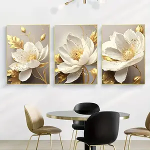 Optional Wooden Frame Golden Plant White Flower Canvas Painting Poster Wall Art Modern Home Decor Pictures for Living Room Kitchen Modern Aesthetic