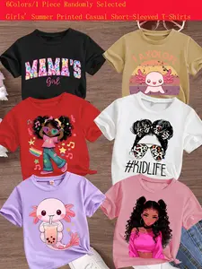 Girls Summer Trendy Fashion Short Sleeve T-Shirt, Cartoon Print Comfortable Versatile Top, Random Style, Loose Fit, Casual Wear, Casual Tee Tops