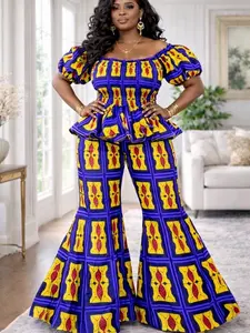 Women’s African Print Two Piece Set – Purple Ankara Peplum Top and Mermaid Skirt Set