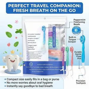 Mini disposable toothbrush set, 5-in-1, pre-applied toothpaste, fresh breath, 26 pcs individually wrapped travel toothbrush kit with dental floss, tongue scraper, toothpick; portable oral care kit for dates, work, business trips—on-the-go hygiene essentia