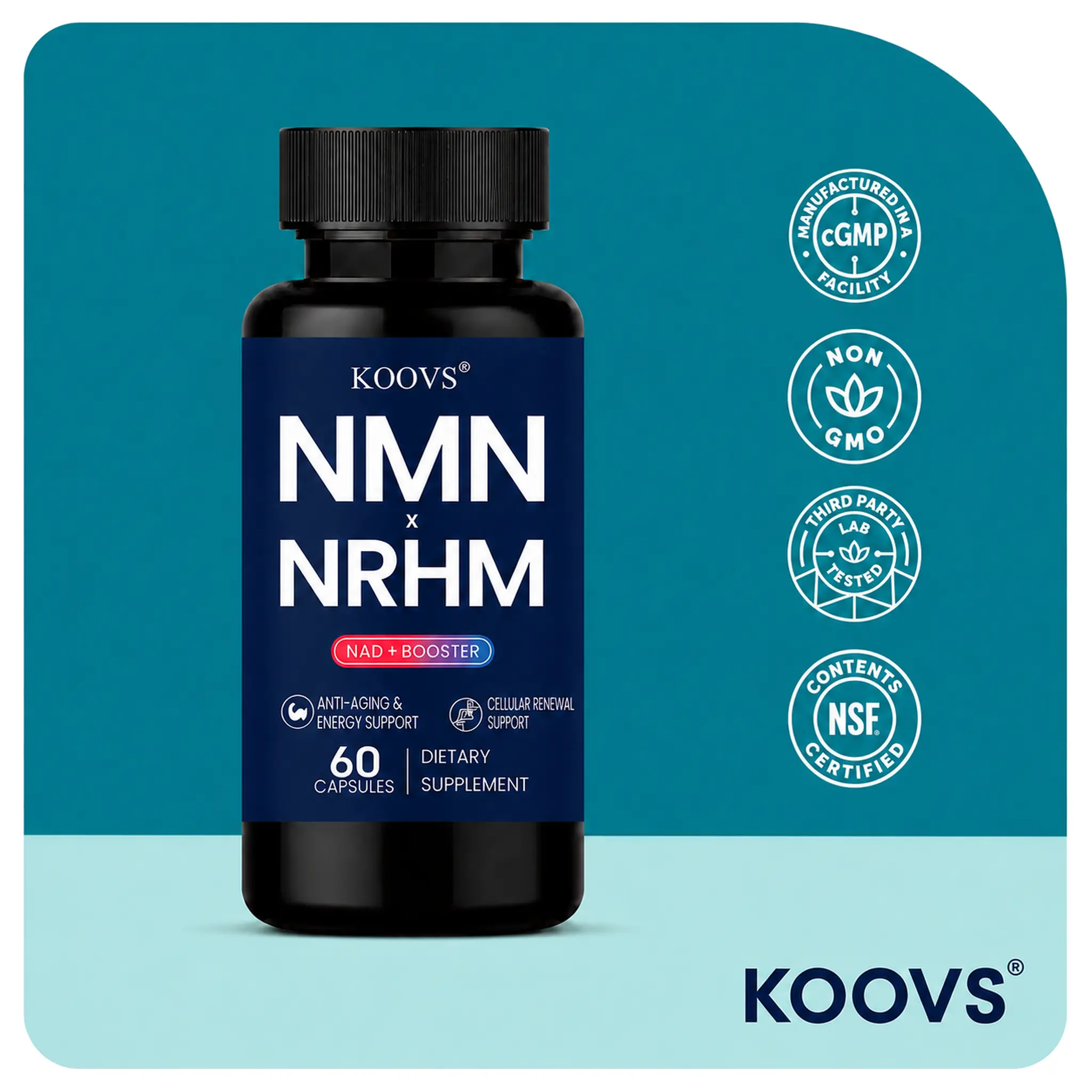 KOOVS NMN-NRHM Complex Cellular Energy Advanced Supplement, 19500mg Per Bottle, 8-in-1 Formula, No Fillers, 65p Pure NMN, Women's Collagen, Natural Capsules, Advanced Supplements, Cellular Energy Supplement