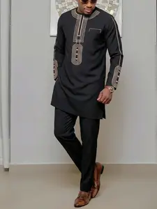 Muslim Islamic Men's 2-Piece Set African Boubou Kurta Long Sleeve Embroidered Ethnic Suit, Elegant Formal Fashion Wear for Festivals Weddings Parties Gifts