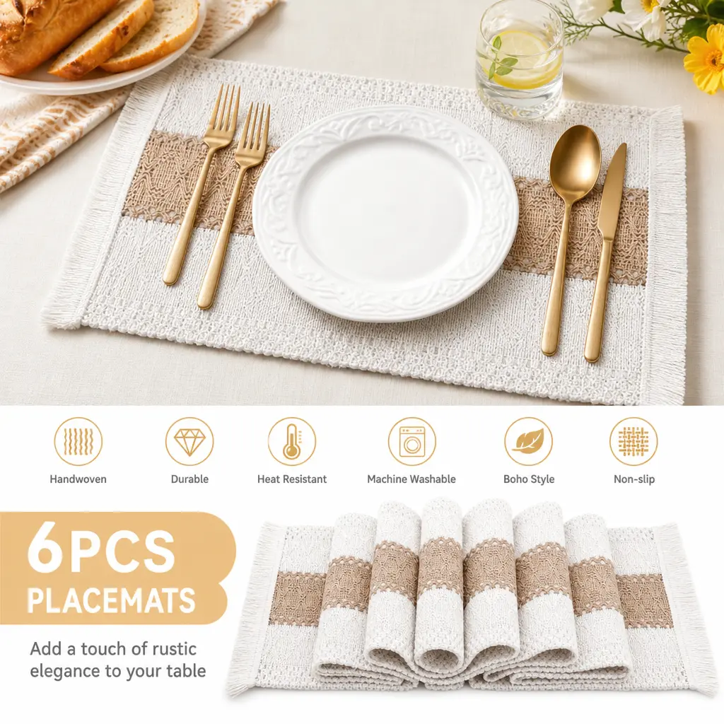 6-Piece Handmade Durable Thick Wood-Accent Plain Rectangle Natural Cotton Burlap Macrame Placemats & Coasters Set - 11.8"x19.6", Beige Brown Farmhouse Kitchen Tableware, Wedding Table Decor