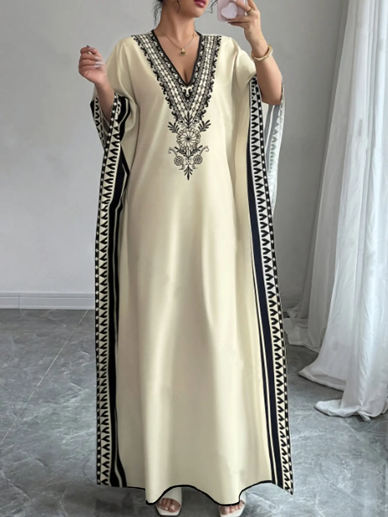 Women's Muslim V-Neck Batwing Sleeve Loose Print Long Dress, Summer Beach Vacation Dress, Casual Travel & Daily Wear, Muslim Outfits
