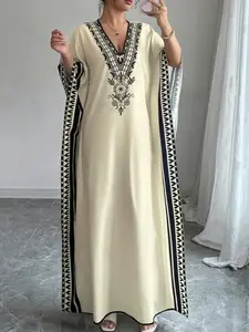 Women's Muslim V-Neck Batwing Sleeve Loose Print Long Dress, Muslim Dresses, Summer Beach Vacation Dress, Casual Travel & Daily Wear