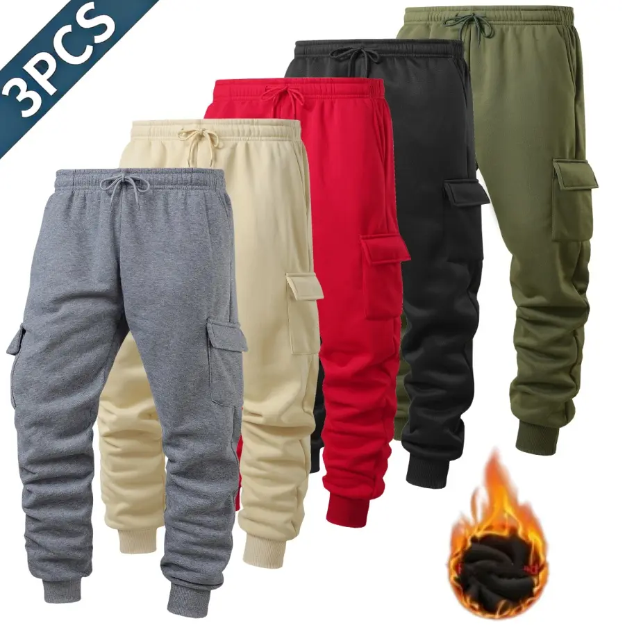 Men's 3-Pack Jogger Sweatpants, Fleece-Lined Urban Casual Cargo Pants with Utility Pockets for Jogging, Shopping, Polyester Clothes, Men's Pants, Sporty Chic, Mid Waist, Ankle Length, Commuting, Multiple Pockets, Elastic Waist