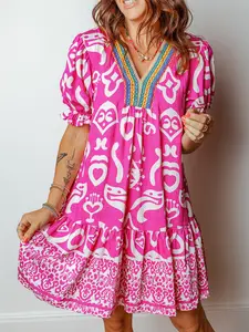 Boho Chic V-Neck Short Sleeve Womenswear Dress, Fit, Summer, Bohemian, Print, Colorblock Contrast Binding Design, Perfect for Casual Wear & Daily