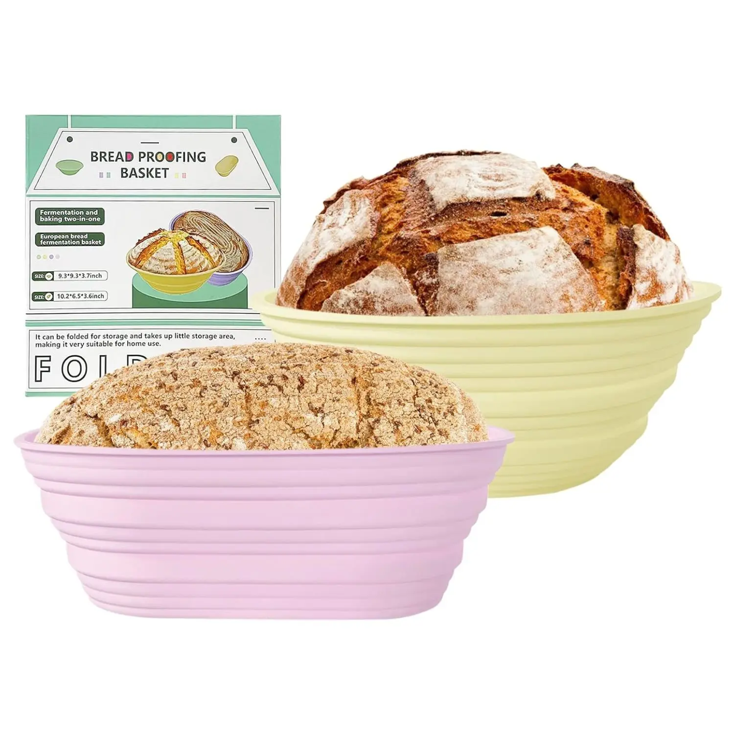 Silicone Banneton Bread Proofing Baskets - 9Inch Round & 10 Inch Oval - Sourdough Starter Kit