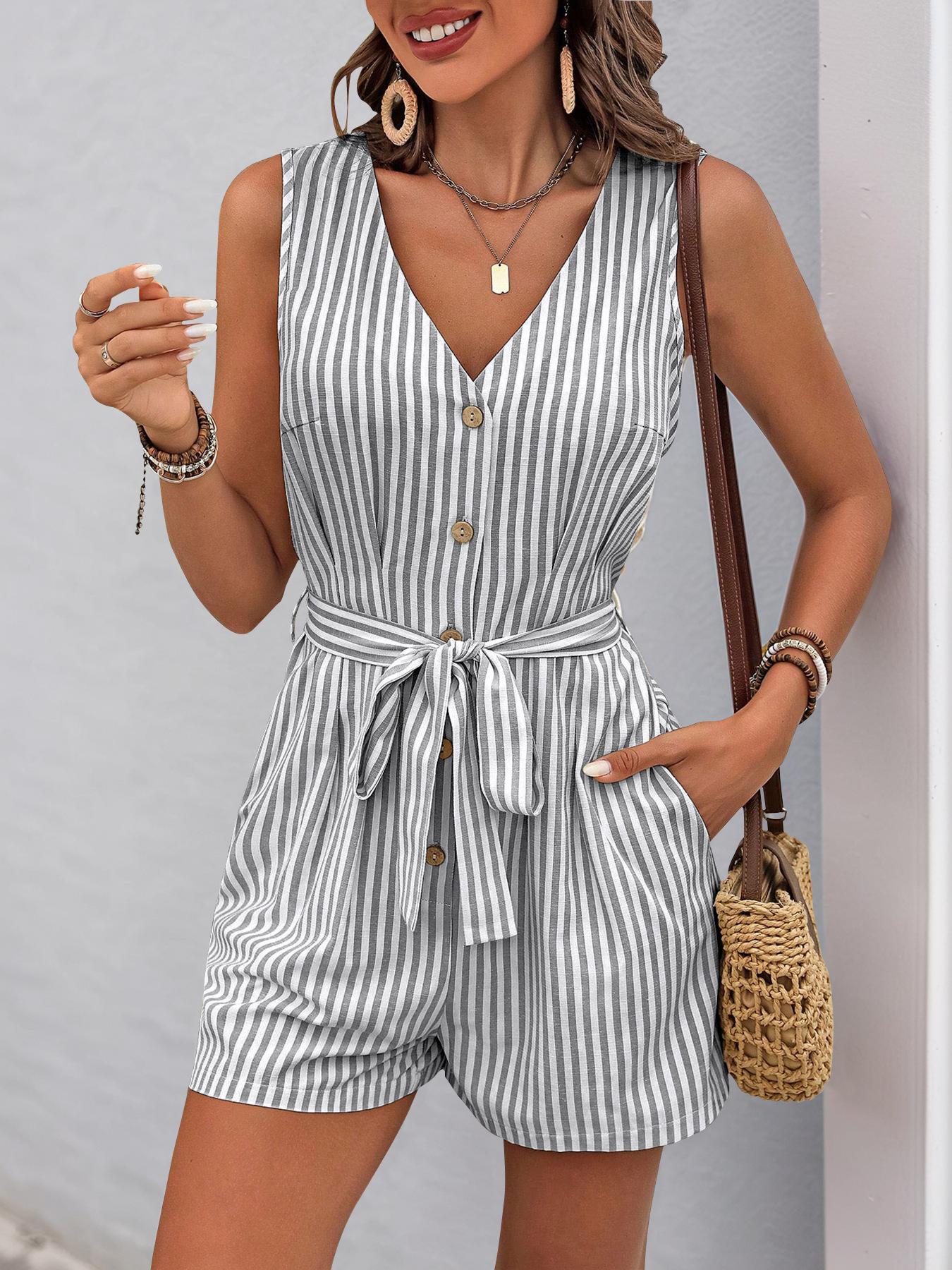 V-neck Sleeveless Striped Jumpsuit Short Pants