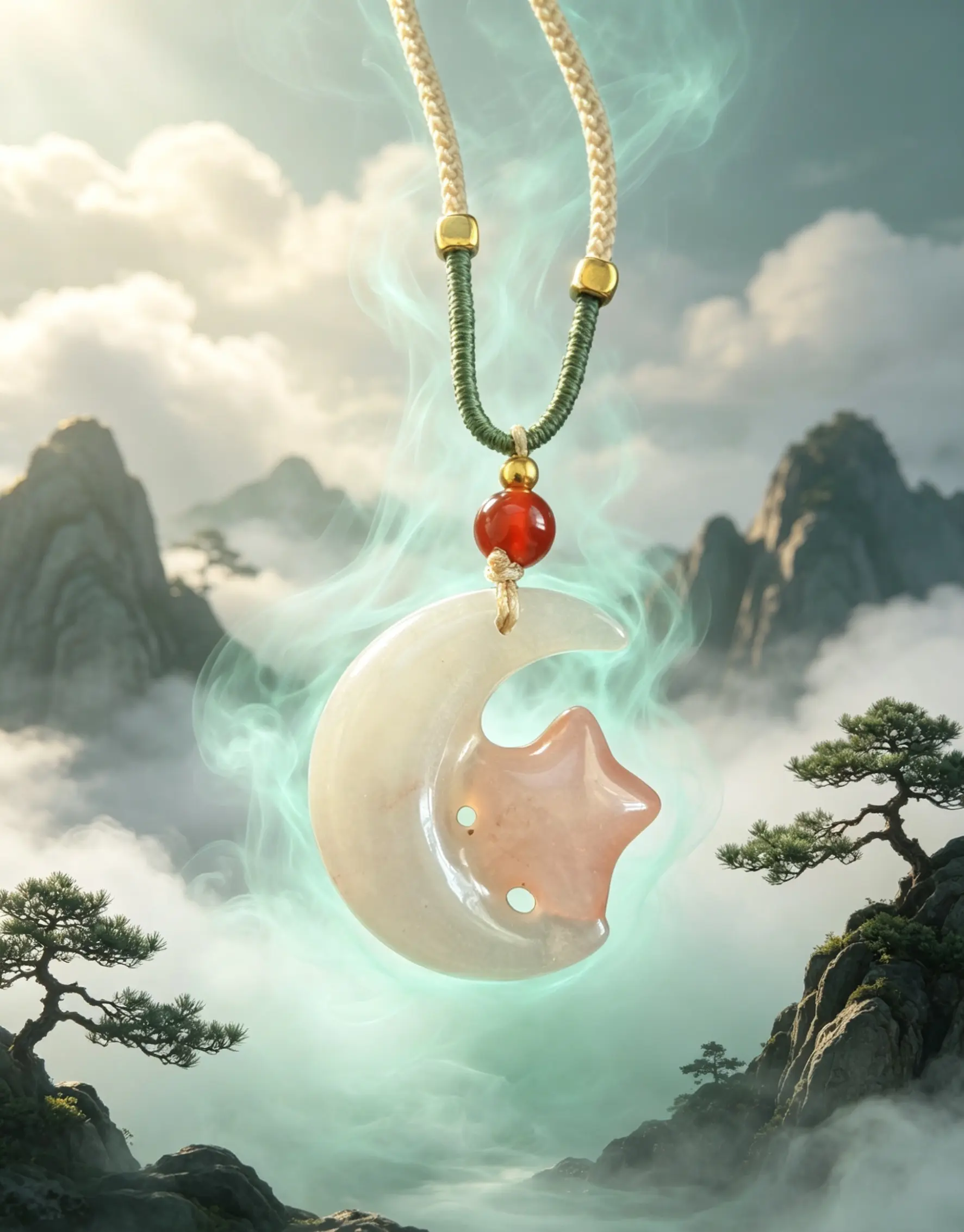 Jade Necklace with Handcrafted Moon Star Pendant, Natural Stone and Red Agate, Unisex Balancing Energy Jewelry for Adults, Casual Birthday Gift, Inner Harmony, All Ages, Crescent Moon, Eastern Culture, Auspicious, Celestial Pendant, Handcrafted Pendant