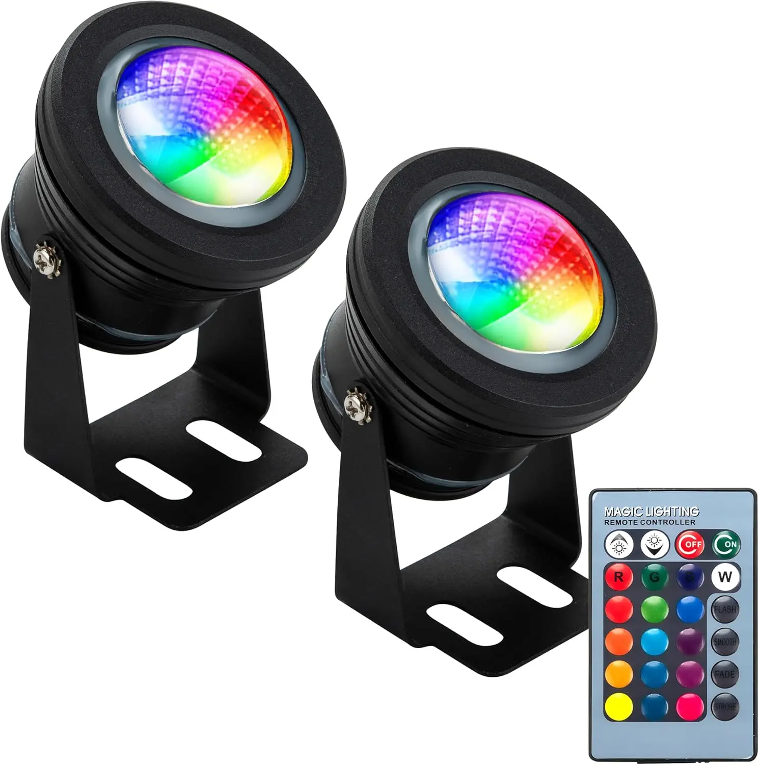 12V RGB Outdoor Spot Lights (2 Pack), IP68 Waterproof Landscape Lighting, 10W Color Changing LED with Remote, Garden, Pathway & Accent Uplighting (Low Voltage)