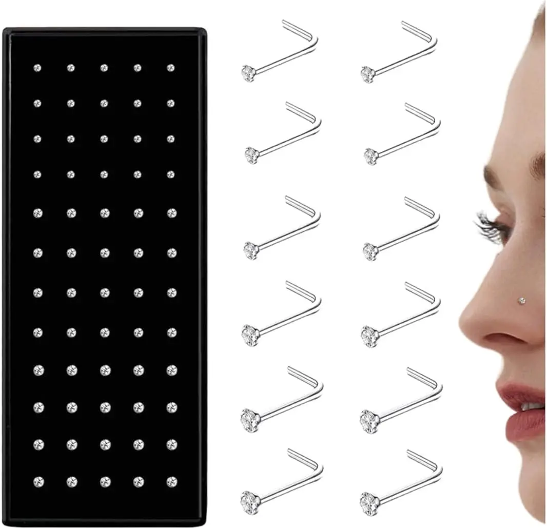 60PCS Stainless Steel Nose Studs Set, Straight & L Shape Nose Studs, 20G/22G Nostril Piercing Jewelry, 1.5mm, 2mm & 2.5mm for Women & Men