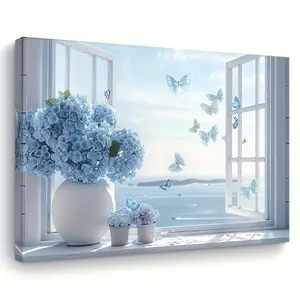 Blue Butterfly & Hydrangea Canvas Print - , Wooden Framed Wall Art - For Home & Office Decor - Perfect Gift for Housewarming, Birthday, or Holiday - Living Room, Bedroom, Kitchen Decor Poster Decoration Artistic Decorative