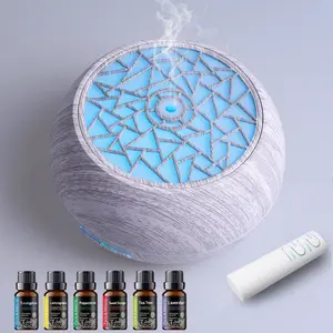 Ultra-Quiet 550ml Aroma Diffuser with Wood Texture Finish 7 Color LED Night Light Remote Control Humidifier Includes 6 Essential Oils