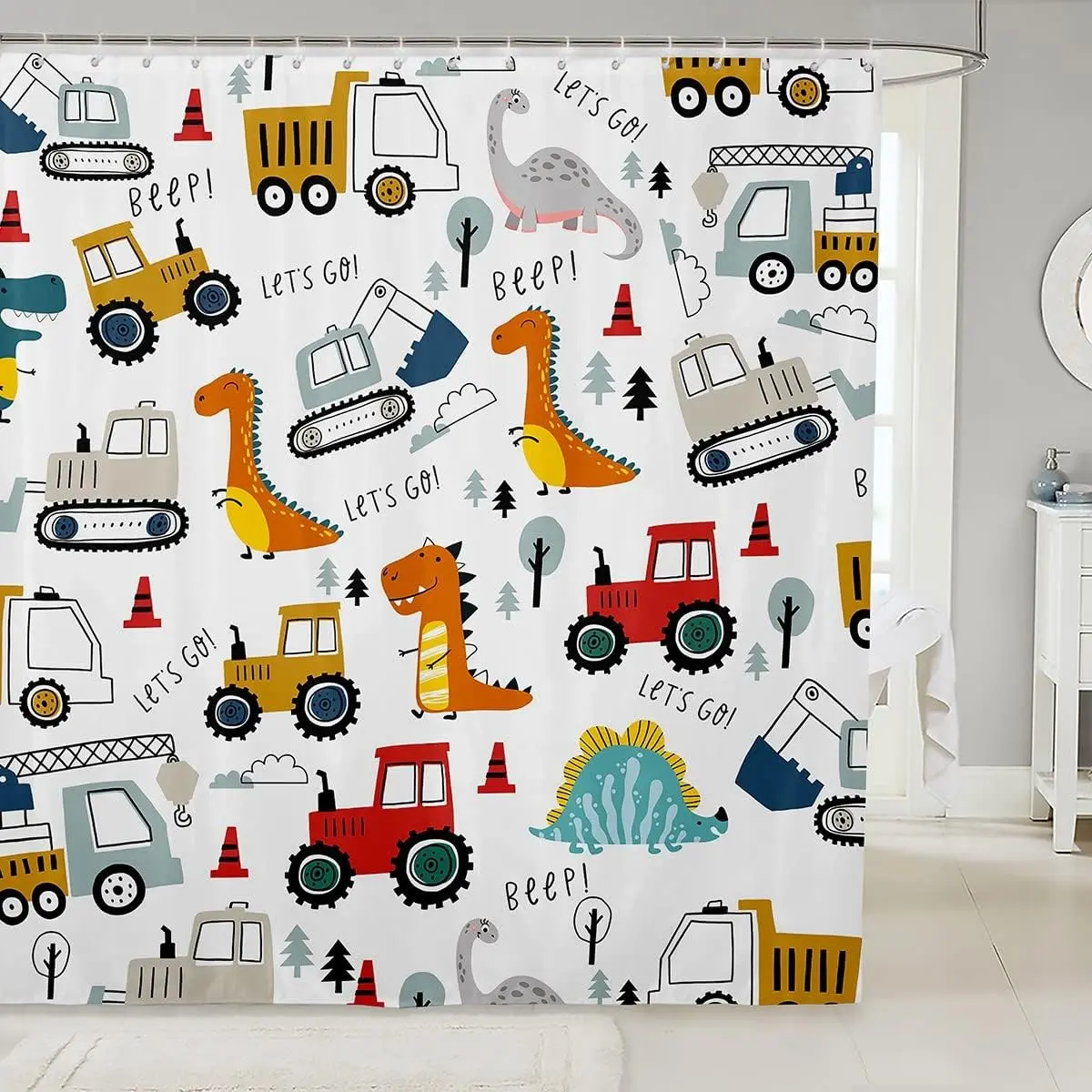 Feelyou Whimsical Polyester Waterproof Shower Curtain - 72"×78", Character-Themed Cartoon Dinosaur & Construction Truck Prints, Easy Installation, Washable Bathroom Decoration Accessory, Character-Themed Curtains, Cartoon Shower Curtains