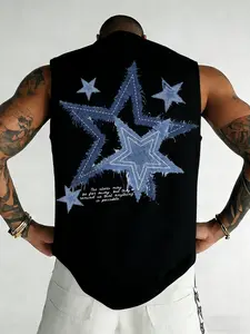 Men's Trendy Vintage Sleeveless Graphic Vest, Vest Tops, Body with Denim Star Details, Loose Comfort Fit, Casual Fitted Top, Retro Subculture Style