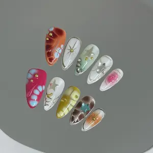 Short Almond Press On Nails 10Pcs Cute Handmade Acrylic Nails with Charms Reusable Easy Application Nail Art Perfect Daily Manicure for Women Pastel Fruit Floral Design Ideal for Mother's Day Gift
