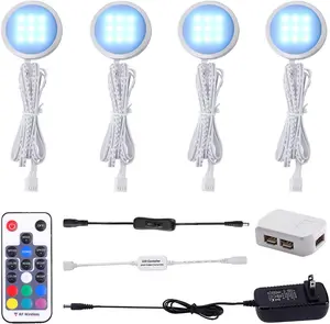 RGB Color Changing LED Under Cabinet Lights Kit, Aluminum Slim Multi Color Puck Lights for Kitchen Counter Furniture Holiday Ambiance Christmas Decor Lighting (4 Lights)