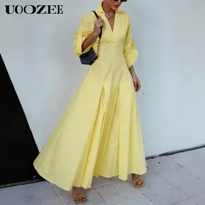 UOOZEE Women's New Elegant Cotton Pleated Maxi Dress with Pockets - Spring Summer A-Line, Breathable Casual Style (Bust & Waist Run Snug, No Stretch) - Ideal for Evening, Birthday Events - Pair with Earrings, Bag, Sheer Accessories, Workwear