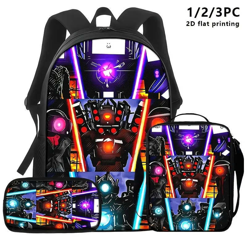 Skibidi Toilet Speaker Man & Camera Man 3-Piece Backpack Set, Colorful Print School Bag + Lunch Bag + Pencil Case, Oxford Cloth Adjustable Strap Daypack for Fans & Kids, Back To School Haul, Cosmetic Bag