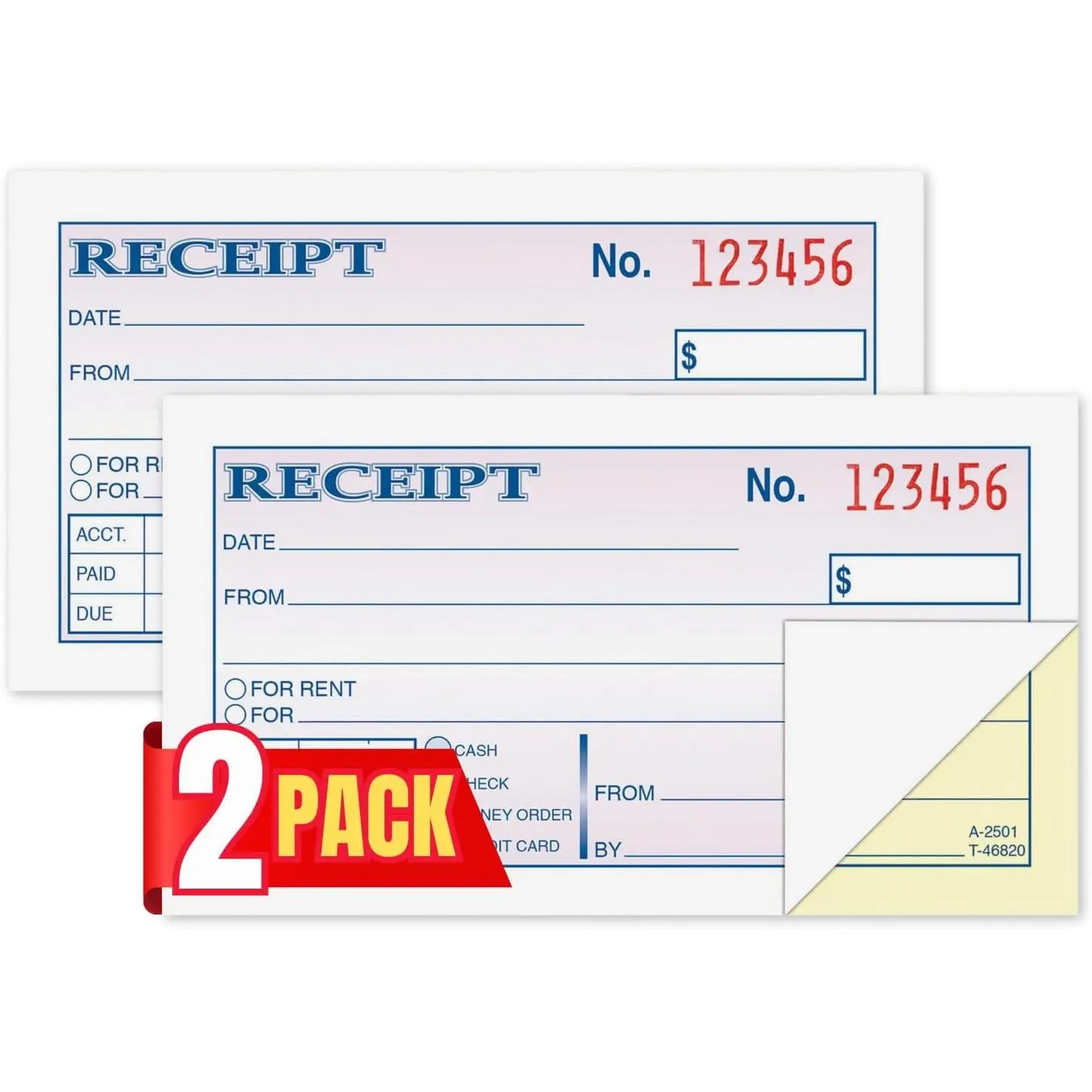and Rent Receipt, 2-3/4 x 5-3/8 Inches, 2-Parts, Carbonless, White/Canary, 50 Sets per Book (2 Books)