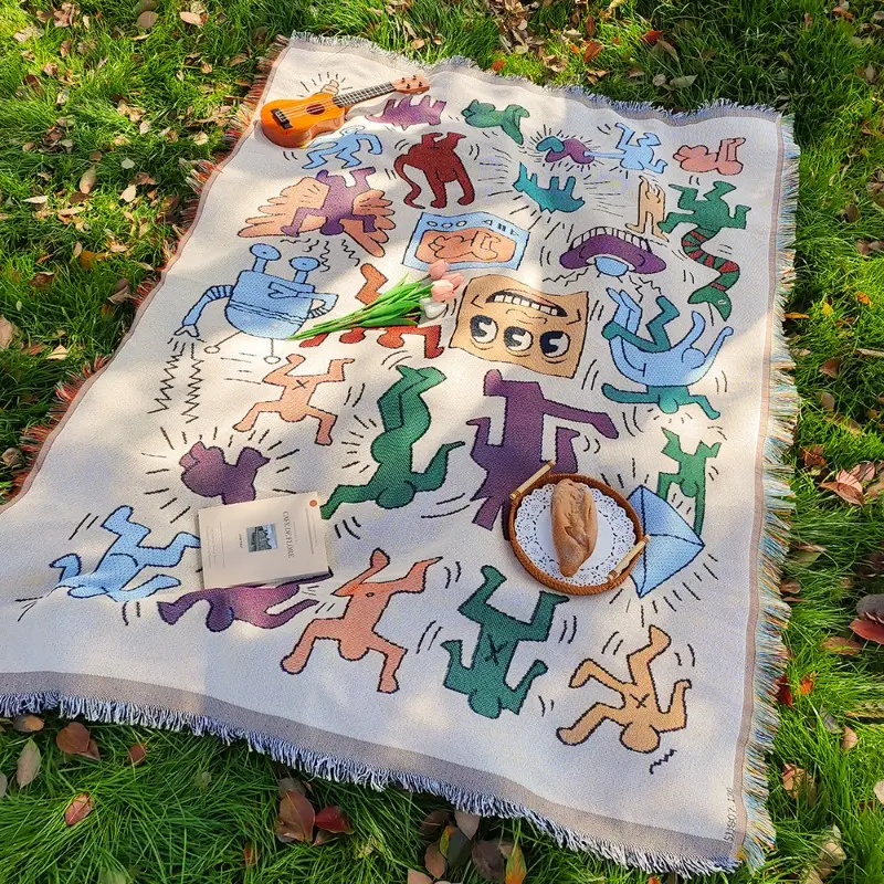 Keith Haring Style Graffiti Woven Picnic Blanket, Picnic Essentials, Multi-use Boho Outdoor Camping Mat, Retro Ethnic Throw Blanket for Beach Picnic Home Decor, suitable for Photography Tear Resistant Leisure Blanket Tablecloth