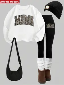 Women's 2-Piece Sweatshirt Set, Mama Letter Print, Round Neck Long Sleeve, Fitted Bottoms, Casual Fall & Winter, Womenswear