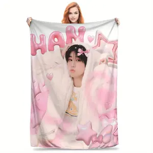 Han Jisung Cute Cartoon Flannel Blanket Soft Polyester Mixed Colors All Season Use Contemporary Design for Bedding Home Decor 280GSM