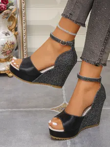 Women's Sequined Elegant Stylish Side Cutout Waterproof Platform Wedge Sandals, Three Colors (/blue/silver), Perfect for Summer Parties and