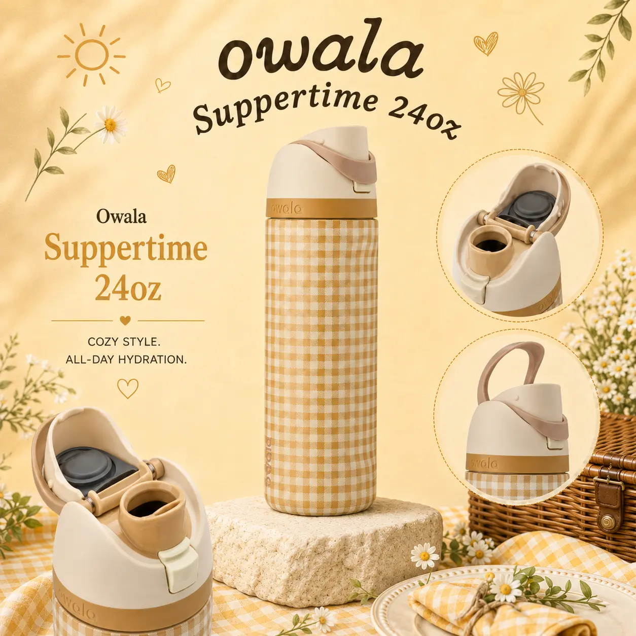 Owala Suppertime 24oz Gingham FreeSip Water Bottle | Owala Gingham Collection, Checkered Insulated Stainless Steel Bottle with Built-In Straw for School, Picnic, Travel & Daily Use
