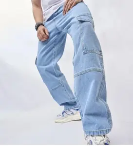 Male carpenter style Baggy Jeans men Streetwear Solid Multiple pockets Spliced Straight Jeans Trousers Male Stylish Casual Loose Denim Pants Fabric Menswear Classic Fitted Relaxed Fit Spandex Stretch Stretchy Underwear Cotton Plain Beige