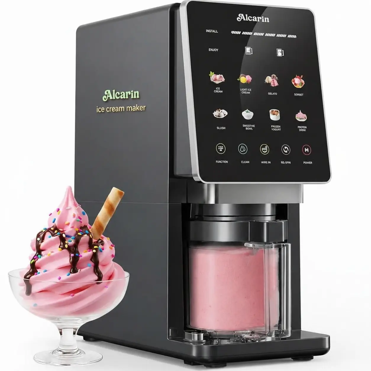 Alcarin Ice Cream Maker with 3 Pints (Not a Freezer), 10-Function Frozen Treat Machine with Cleaning Program, 8 Presets + Mix-In & Re-Spin, Ice Cream, Gelato, Froyo, Sorbet, High-Protein & Dairy-Free Desserts
