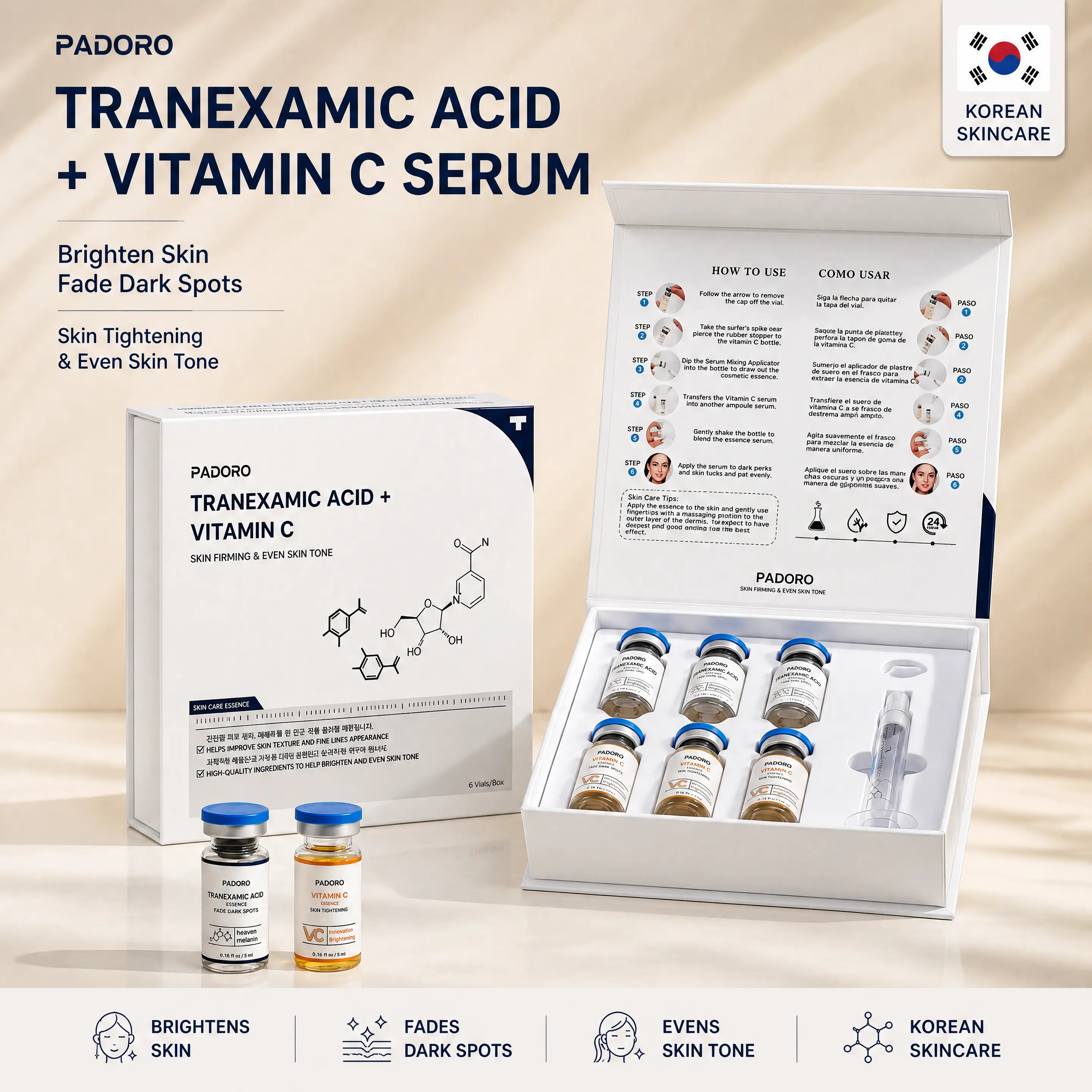 PADORO TRANEXAMIC ACID + VITAMIN C Hybrid Essence Serum, brightens dull skin tone, gently repairs damaged skin, suitable for all skin types.