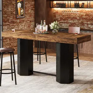 LITTLE TREE 70.9" Long Bar Table, Industrial Counter Height Table, Rectangular Bar Height Tables with Metal Footrest for Kitchen Dining Room, Living Room, Pub