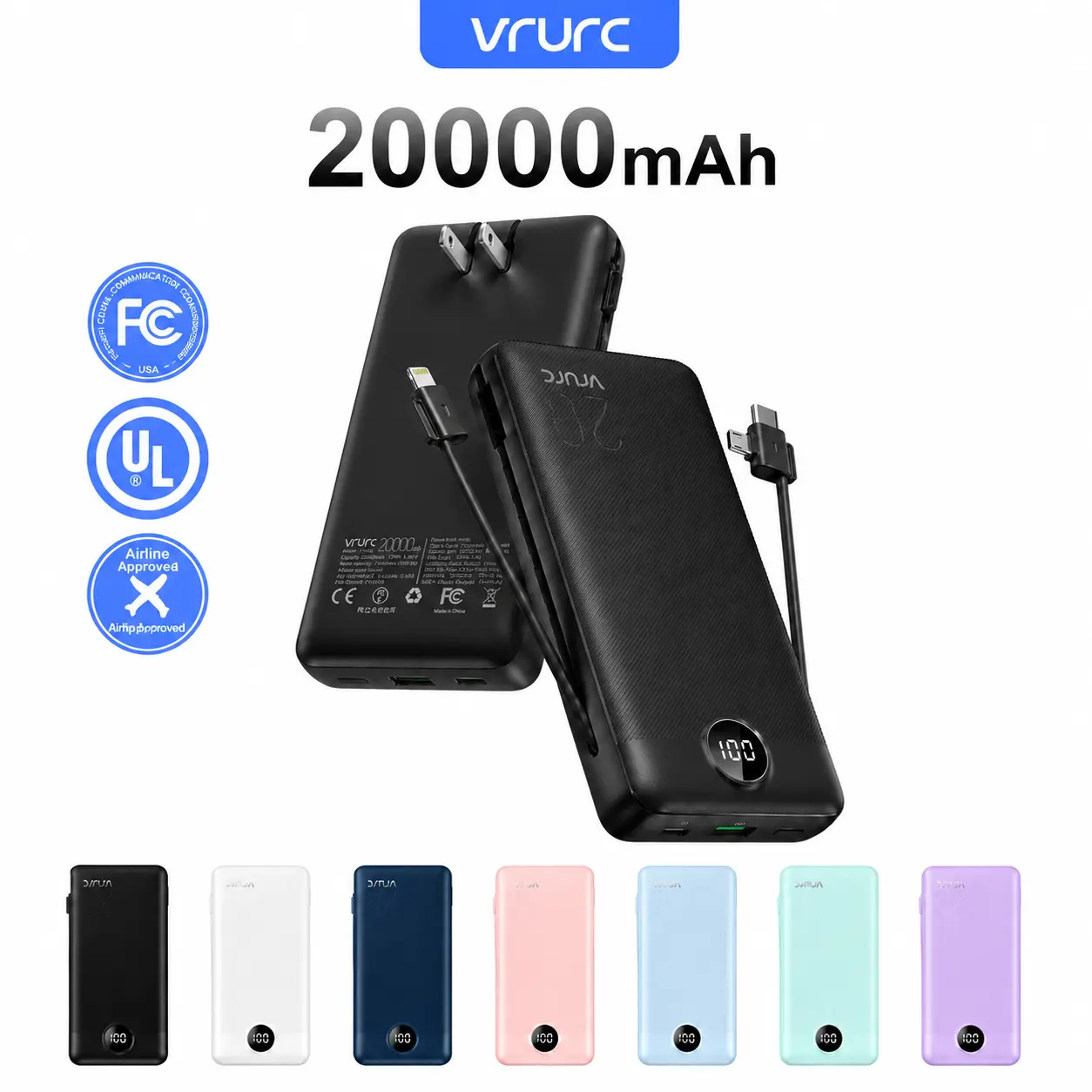 VRURC Multifunctional High Power 20000mAh Chargeable Battery Power Bank, 22.5W QC Fast Charging, Portable Mobile Accessories with Built-in Wall Plug, Foldable Cables, 4 Outputs, 2 Inputs, LED Display, Travel Essential