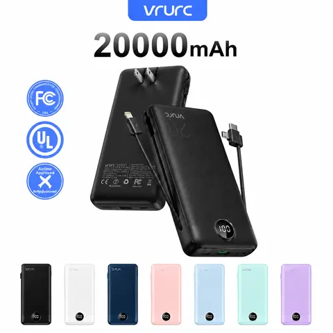 VRURC Multifunctional High Power 20000mAh Chargeable Portable Charger - 22.5W QC Fast Charging, Built-in Wall Plug, Folding Cables, 4 Outputs, 2 Inputs, LED Display, Smartphone/Android Charging Solution, Mobile EDC Gear