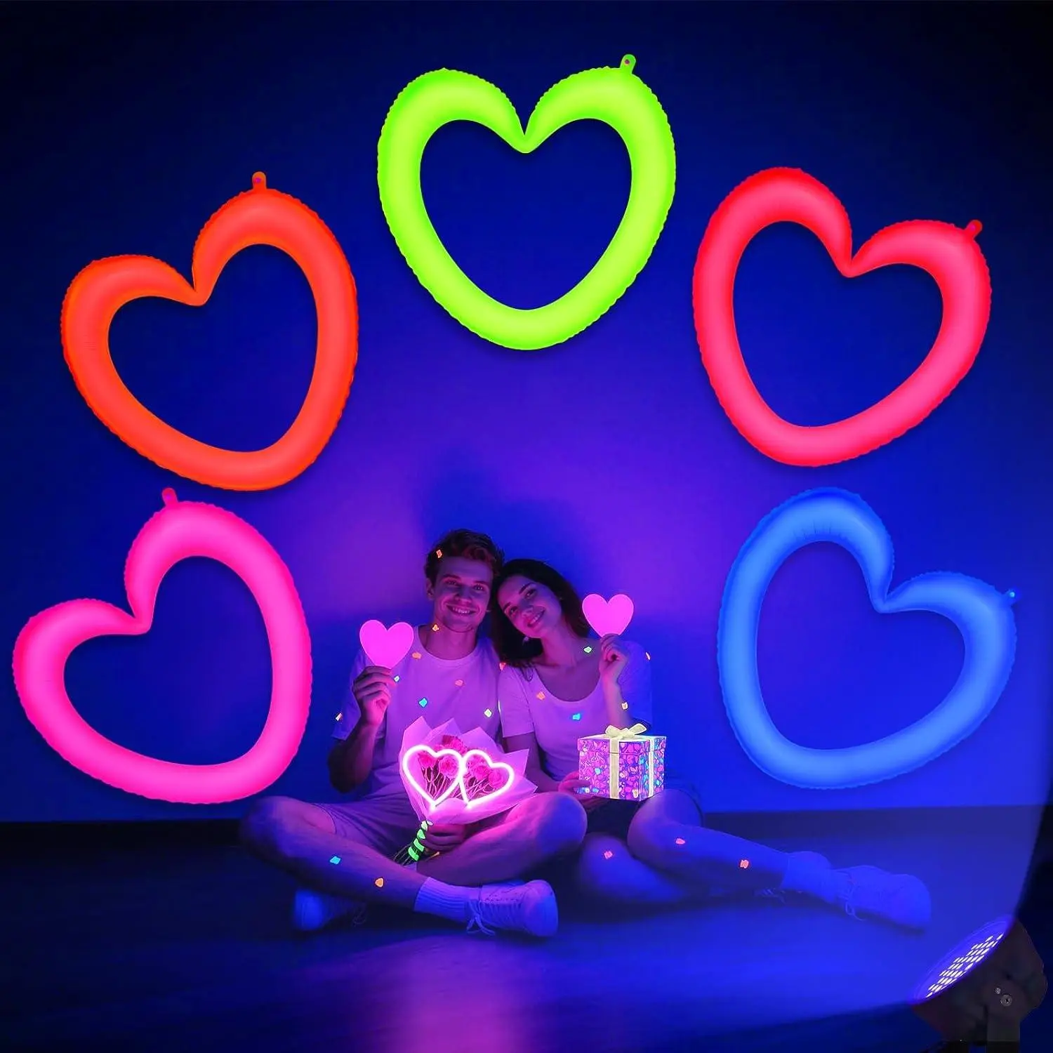 Mega-L Neon Heart Balloons Romantic Birthday Photo Booth Props, 5 Pcs | Glow In The Dark Party Supplies Fluorescent Red Yellow Fuchsia Blue And Orange For Wedding,Engagement, Valentines Day Decor